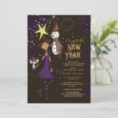 Whimsical Village Family New Year's Eve Snowman Einladung (Stehend Vorderseite)