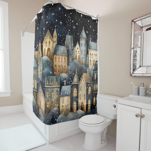 Whimsical Village Starry Skies Navy Gold Duschvorhang (Beispiel)
