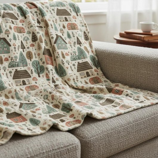 Whimsical Village with Cottages and Trees Fleecedecke