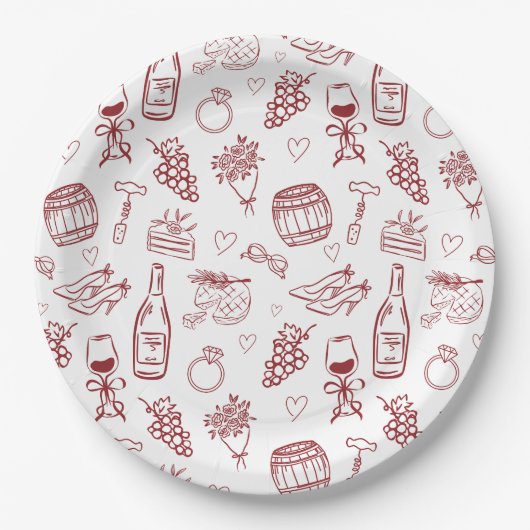 Whimsical Vino Before Vows Burgundy Bridal Shower Pappteller (Vorderseite)