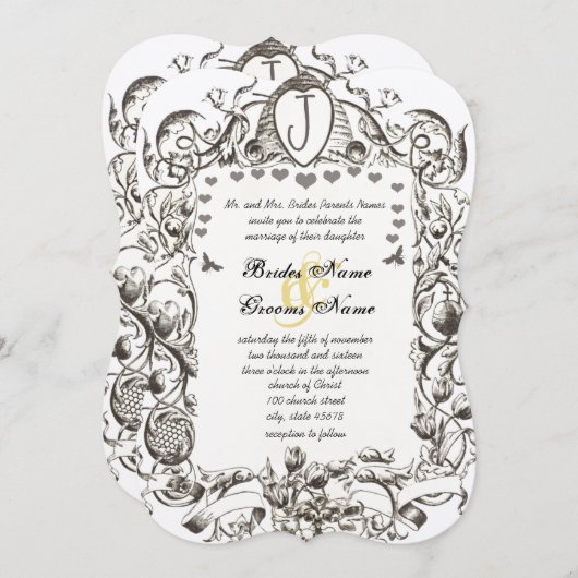 Whimsical Vintag Bee & Bienenstock Blume Einladung (Vorne/Hinten)