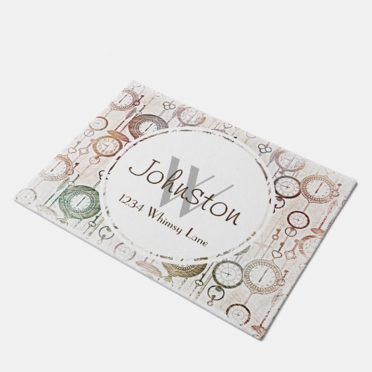 Whimsical Vintag Pocket Watches - Familienname Fußmatte (Schrägansicht)