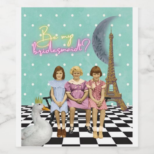 Whimsical Vintag Schoolgirls Bridesmaid-Anfrage Weinetikett (Einzelnes Label)