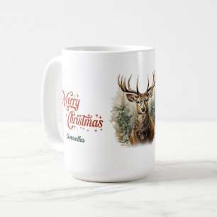 Whimsical vintage Illustration Rentier Moosgrün Kaffeetasse