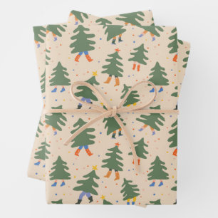 Whimsical Walking Weihnachtsbaummuster Geschenkpapier Set