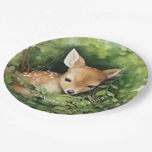 Whimsical Watercolor Baby Deer Baby Dusche Pappteller (Schrägansicht)