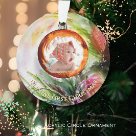 Whimsical Watercolor Baby's First Christmas Foto Ornament