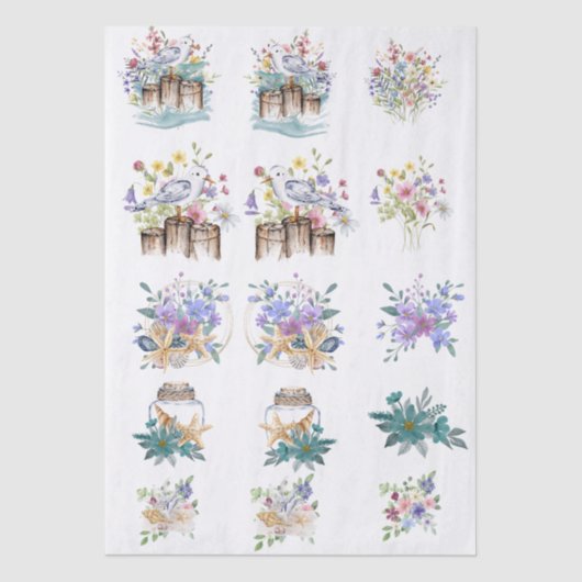 Whimsical Watercolor Beachy Florals & Shells  Seidenpapier (Vorderseite)