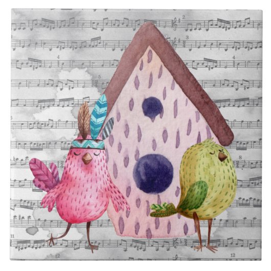 Whimsical Watercolor Birds and Music Fliese (Vorderseite)
