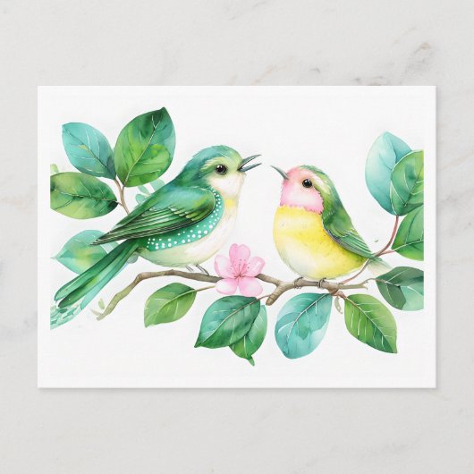 Whimsical Watercolor Birds on Leafy Branch Postkarte (Vorderseite)