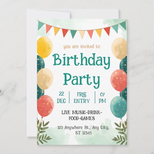 Whimsical Watercolor Birthday Celebration Invitati Einladung (Vorderseite)