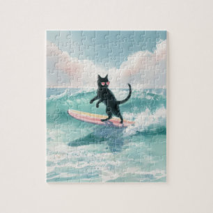 Whimsical Watercolor Black Cat Surfpuzzle Puzzle