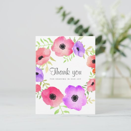 Whimsical Watercolor Blume Hochzeit Danke Postkarte (Stehend Vorderseite)