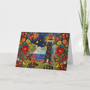 Whimsical Watercolor Blumen Leuchtturm Leere Karte