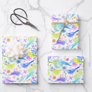 Whimsical Watercolor Budgie Parakeets Geschenkpapier Set