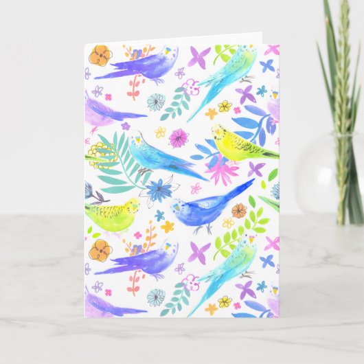 Whimsical Watercolor Budgie Parakeets Karte (Vorderseite)