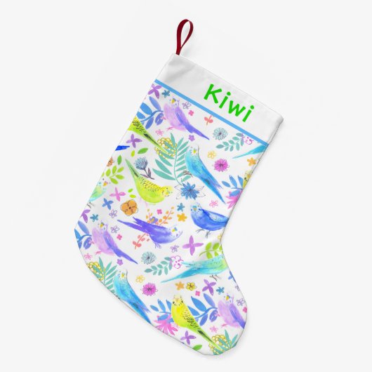 Whimsical Watercolor Budgie Parakeets Kleiner Weihnachtsstrumpf (Vorderansicht (hängend))