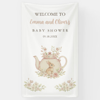 Whimsical Watercolor Bunny Tea Party Baby Shower Banner