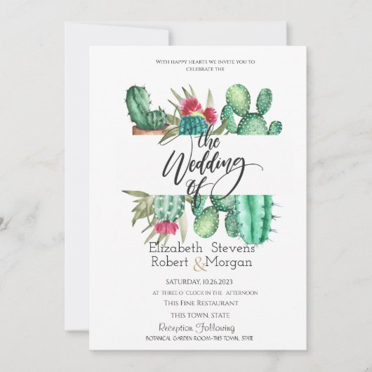 Whimsical Watercolor Cactus Wedding Einladung (Vorderseite)