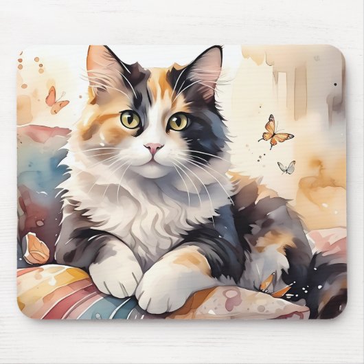 Whimsical Watercolor Calico Cat and Butterfells Mousepad (Vorne)