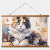 Whimsical Watercolor Calico Cat and Butterfells Wandteppich Mit Holzrahmen (Vorne)
