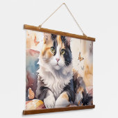 Whimsical Watercolor Calico Cat and Butterfells Wandteppich Mit Holzrahmen (Gewinkelt)