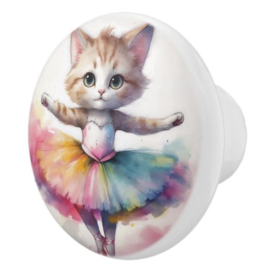 Whimsical Watercolor Cat Ballerina in Tutu Keramikknauf (Rechts)