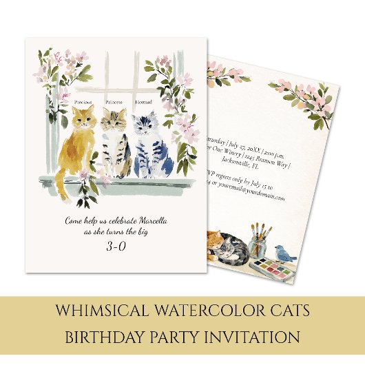 Whimsical Watercolor Cats Birthday Party | Einladung