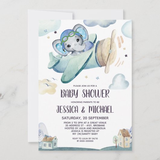 Whimsical Watercolor Elephant Airplane Babydusche Einladung (Vorderseite)