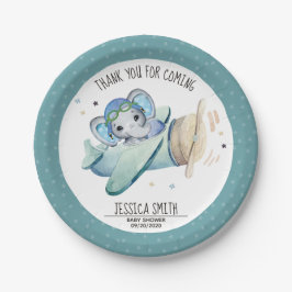 Whimsical Watercolor Elephant Airplane Babydusche Pappteller