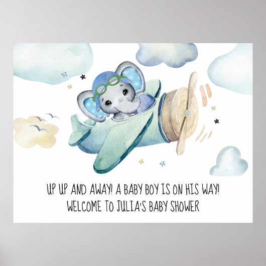 Whimsical Watercolor Elephant Airplane Babydusche Poster (Vorne)