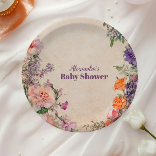 Whimsical Watercolor Floral Baby Dusche Pappteller