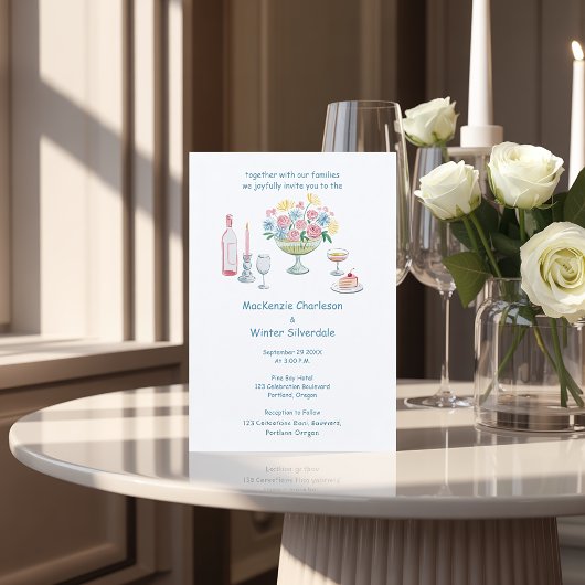 Whimsical Watercolor Floral & Drinks Wedding Einladung