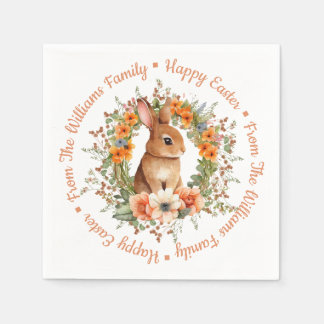 Whimsical Watercolor Floral Easter Bunny Orange Serviette