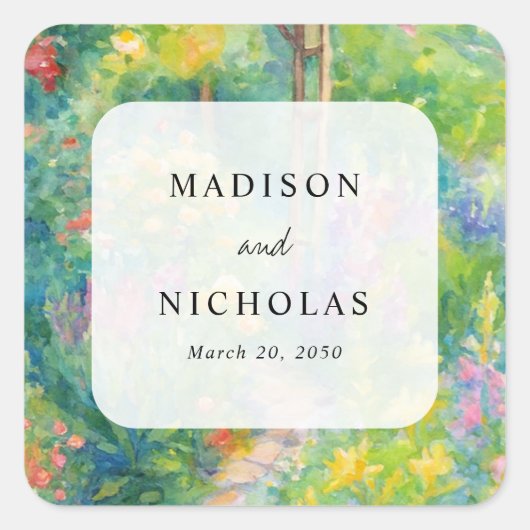 Whimsical Watercolor Garden Themed Wedding Favor Quadratischer Aufkleber (Vorderseite)