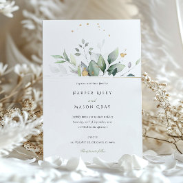 Whimsical Watercolor Green & Gold Foliage Hochzeit Einladung
