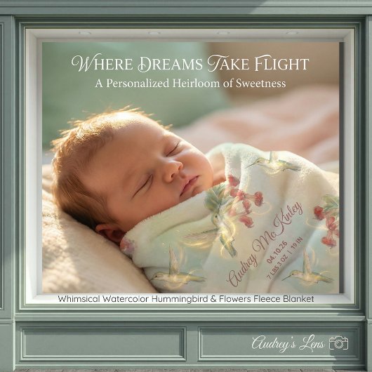 Whimsical Watercolor Hummingbird & Flowers Fleecedecke