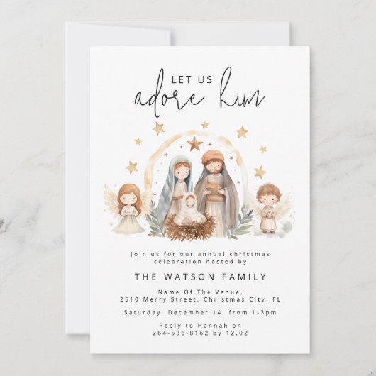 Whimsical Watercolor Krippe Weihnachts-Party Einladung (Vorderseite)