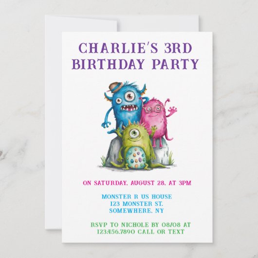 Whimsical Watercolor Monsters Kinderparty Einladung (Vorderseite)