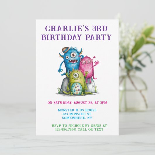 Whimsical Watercolor Monsters Kinderparty Einladung (Stehend Vorderseite)
