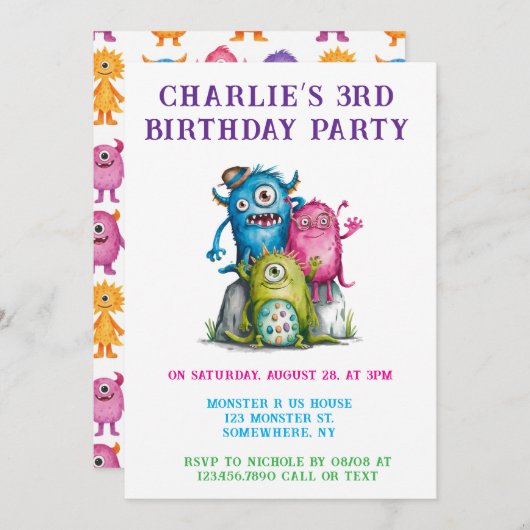 Whimsical Watercolor Monsters Kinderparty Einladung (Vorne/Hinten)