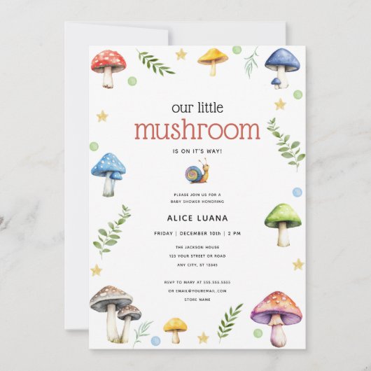 Whimsical Watercolor Mushroom Baby Dusche Einladung (Vorderseite)