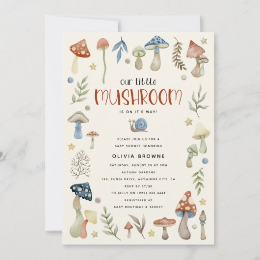 Whimsical Watercolor Mushroom Baby Dusche Einladung (Vorderseite)