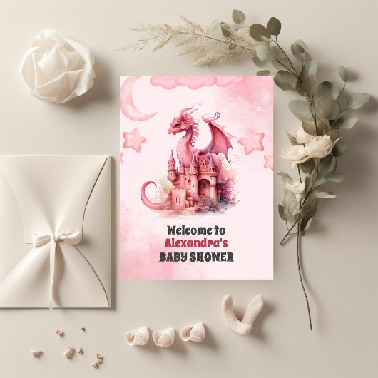 Whimsical Watercolor Pink Dragon Baby Dusche Einladung