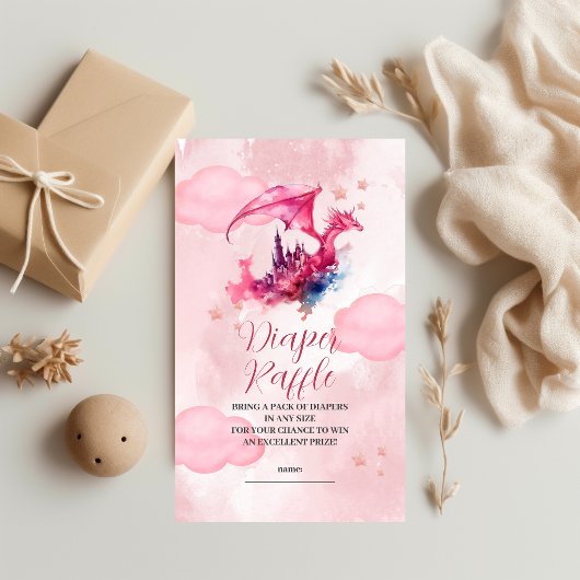 Whimsical Watercolor Pink Dragon Diaper Raffel Begleitkarte