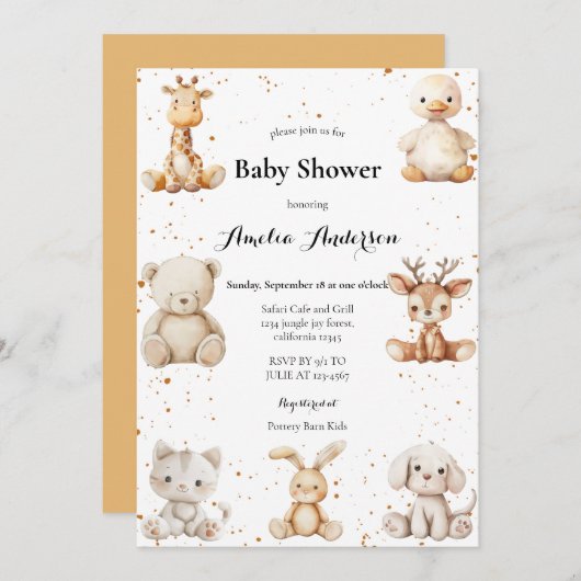Whimsical Watercolor Plush Animals Baby Dusche Einladung (Vorne/Hinten)