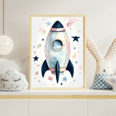 Whimsical Watercolor Rocket Ship mit Pastellstern Poster