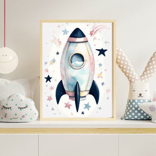 Whimsical Watercolor Rocket Ship mit Pastellstern Poster