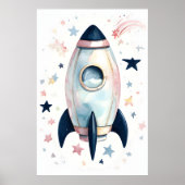 Whimsical Watercolor Rocket Ship mit Pastellstern Poster (Vorne)