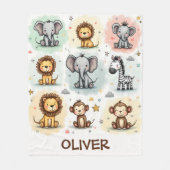 Whimsical Watercolor Safari Tierdoodles Fleecedecke (Vorderseite)